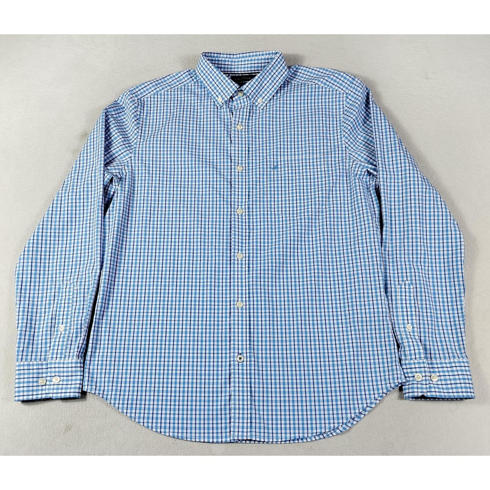 Nautica Shirt Mens Medium Blue Check Long Sleeve Stretch Button Down Casual
